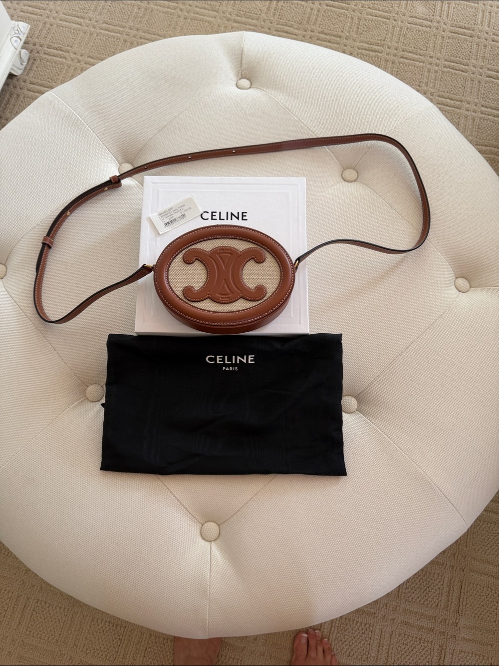 Authentic Celine Brown & Cream Triomphe Oval Crossbody Bag. New no defects.
